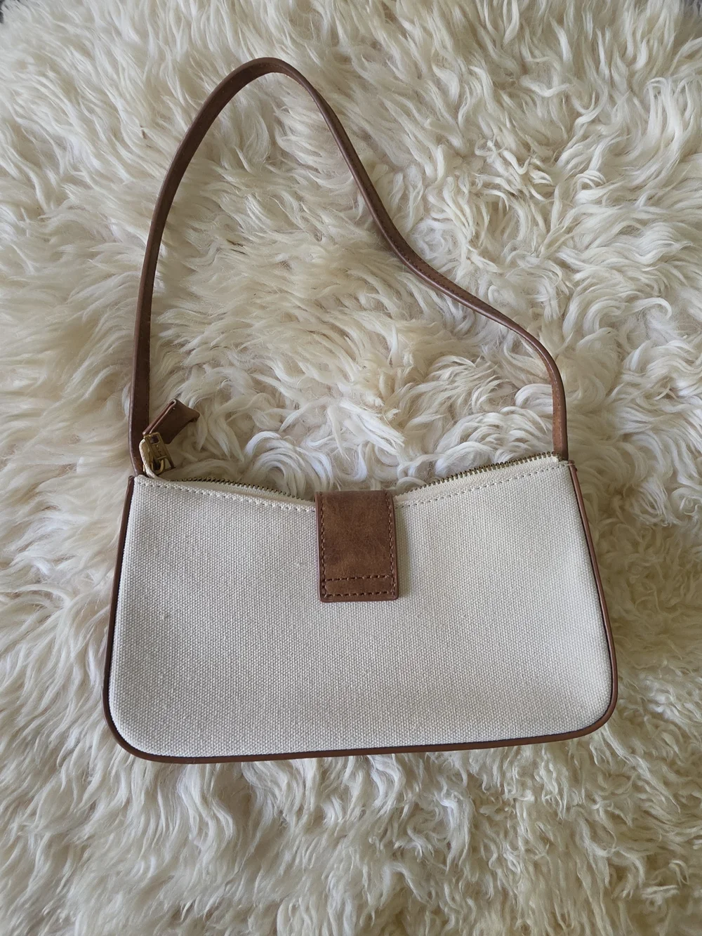 Brandy Melville Cream Canvas Shoulder Bag with Brown Leather Trim
